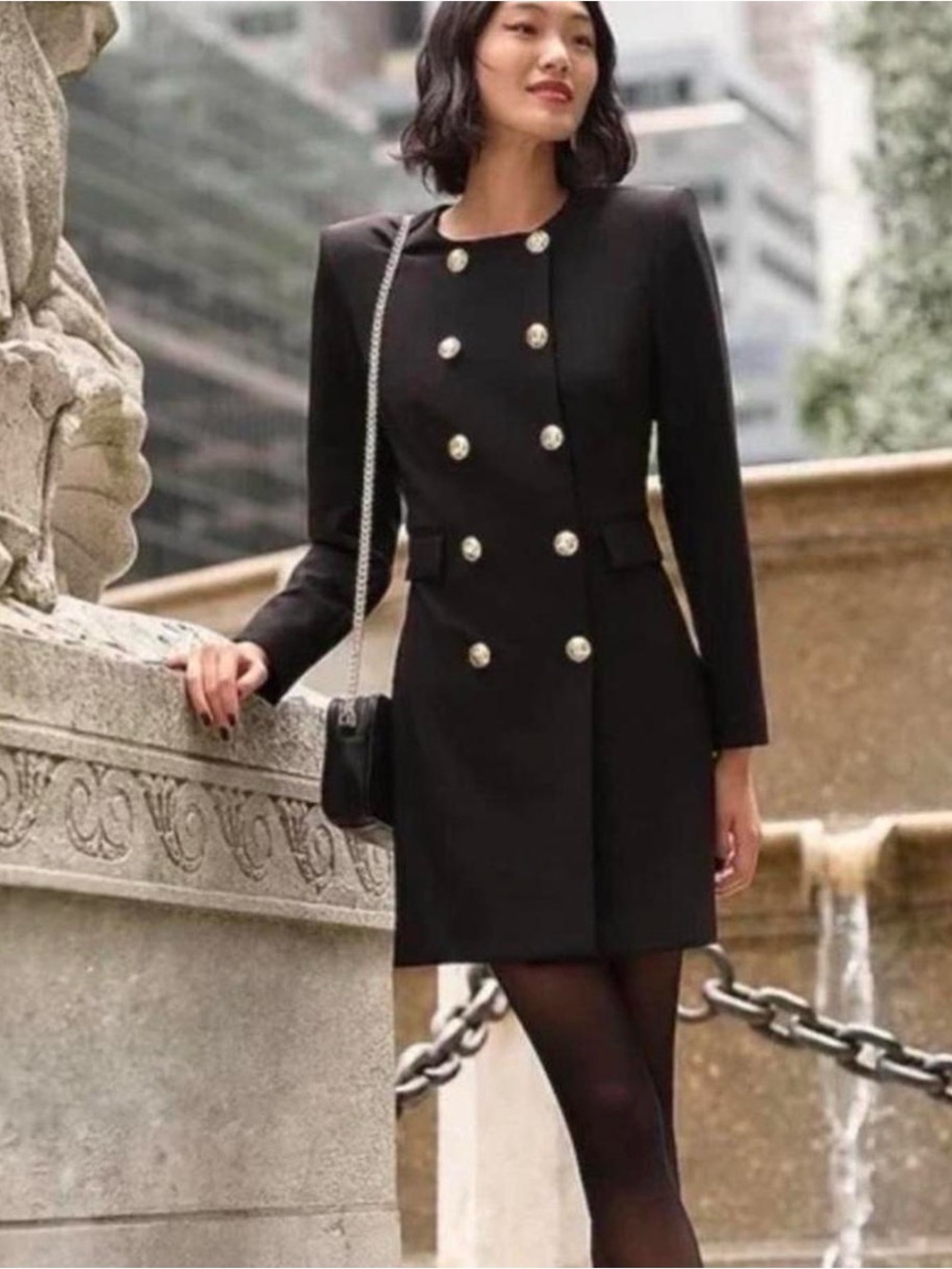 Express Black Double-Breasted Mini Dress with Gold Buttons